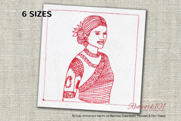 Women in Saree Redwork: A Timeless Embroidery Design